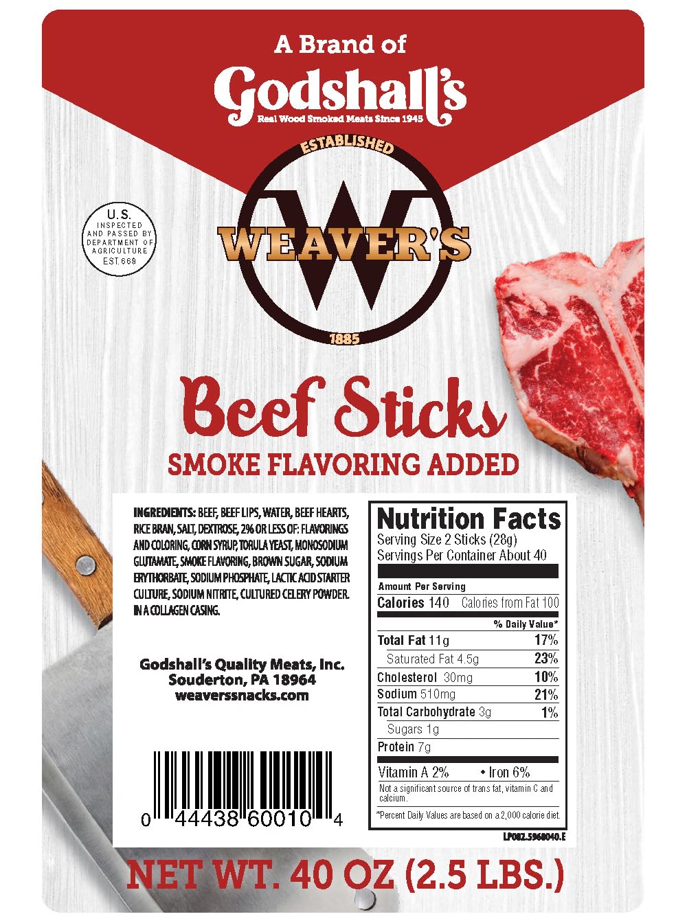 WEAVERS Beef Sticks - Original Mild Flavor, 7 Length, 40oz Bag (80 Sticks), 2.5 Pound Pack