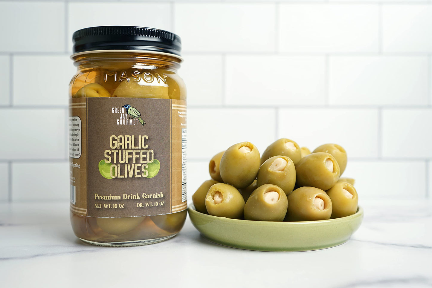 Green Jay Gourmet Garlic Stuffed Olives - 2 x 16 Oz - All Natural Green Olives for Cocktails and Cheese Boards