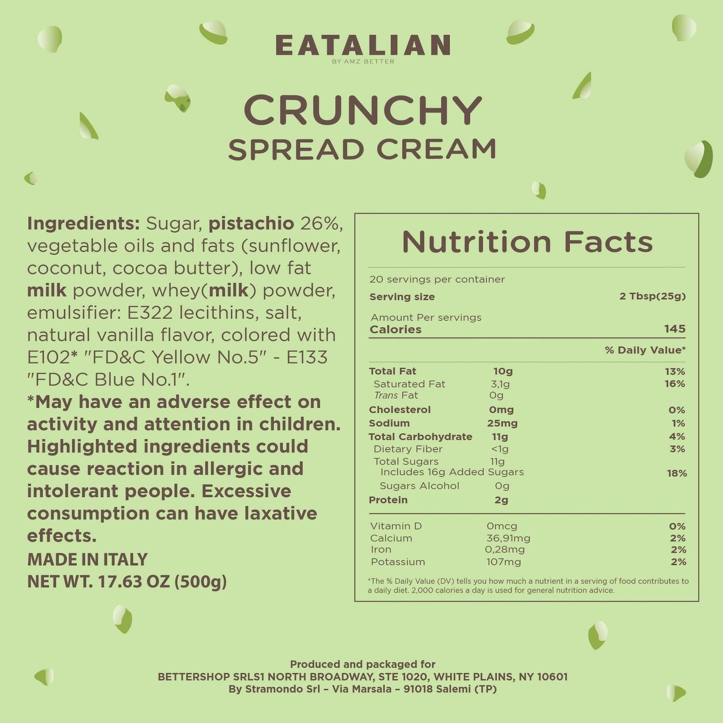 Eatalian By Amz Better Spreadable Crunchy Pistachio Cream 17.63 Oz/500 Gr, Pistachio Cream With Grains, Protein Paste, Sweet Tas