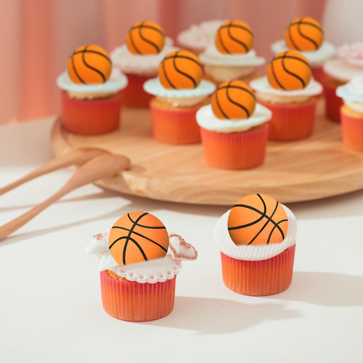 DRWATE 28pcs Basketball Cake Topper Decorations, Mini Cup Cake Decorations for Basketball Party, 1.1 inches, Orange, Model GCMGF091