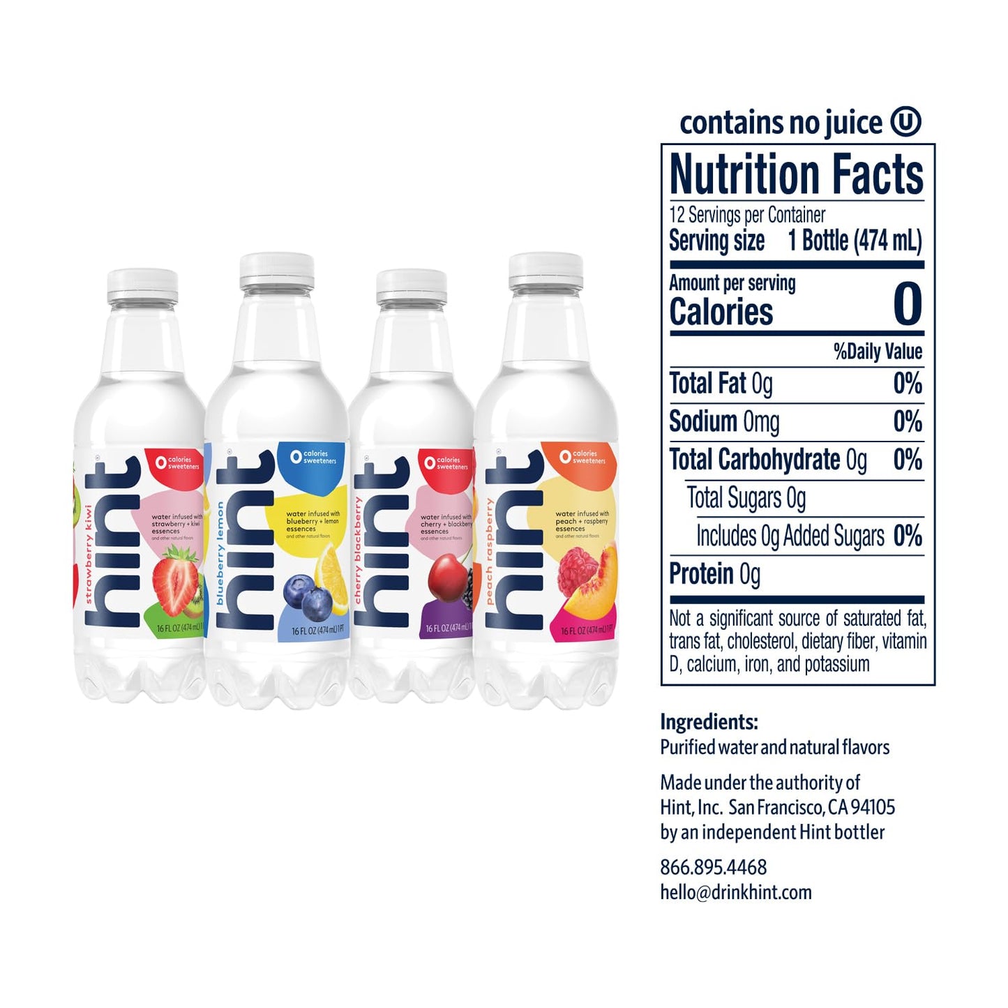 Hint Flavored Bottled Water, 4-Flavor Smashup Variety Pack - Purified Water Beverages With Zero Calories, Natural Flavors, And Sugar Free - 16 Fl Oz (Pack Of 12)