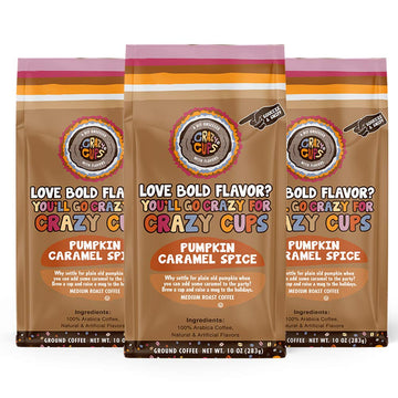 Crazy Cups Flavored Ground Coffee, Pumpkin Caramel Spice Coffee, In 10 Oz Bags, For Brewing Flavored Hot Or Iced Pumpkin Spice Coffee, 3 Pack