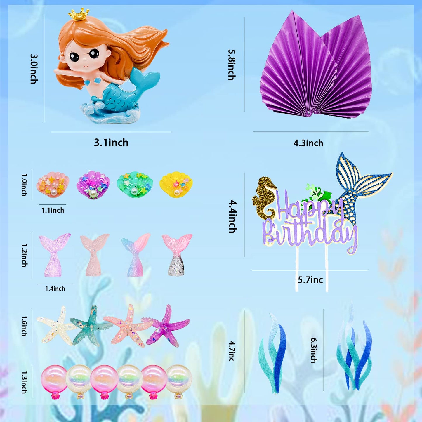 Lukinuo Mermaid Cake Toppers 24Pcs Little Mermaid Figurine Under The Sea Cake Topper Seaweed Palm Leaves Bubble Starfish Shell M