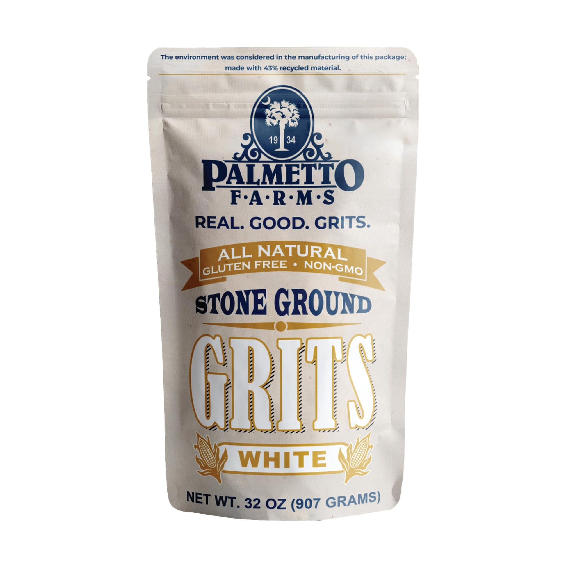 Palmetto Farms Stone Ground White Grits, 32 OZ, 2 Pound Pack