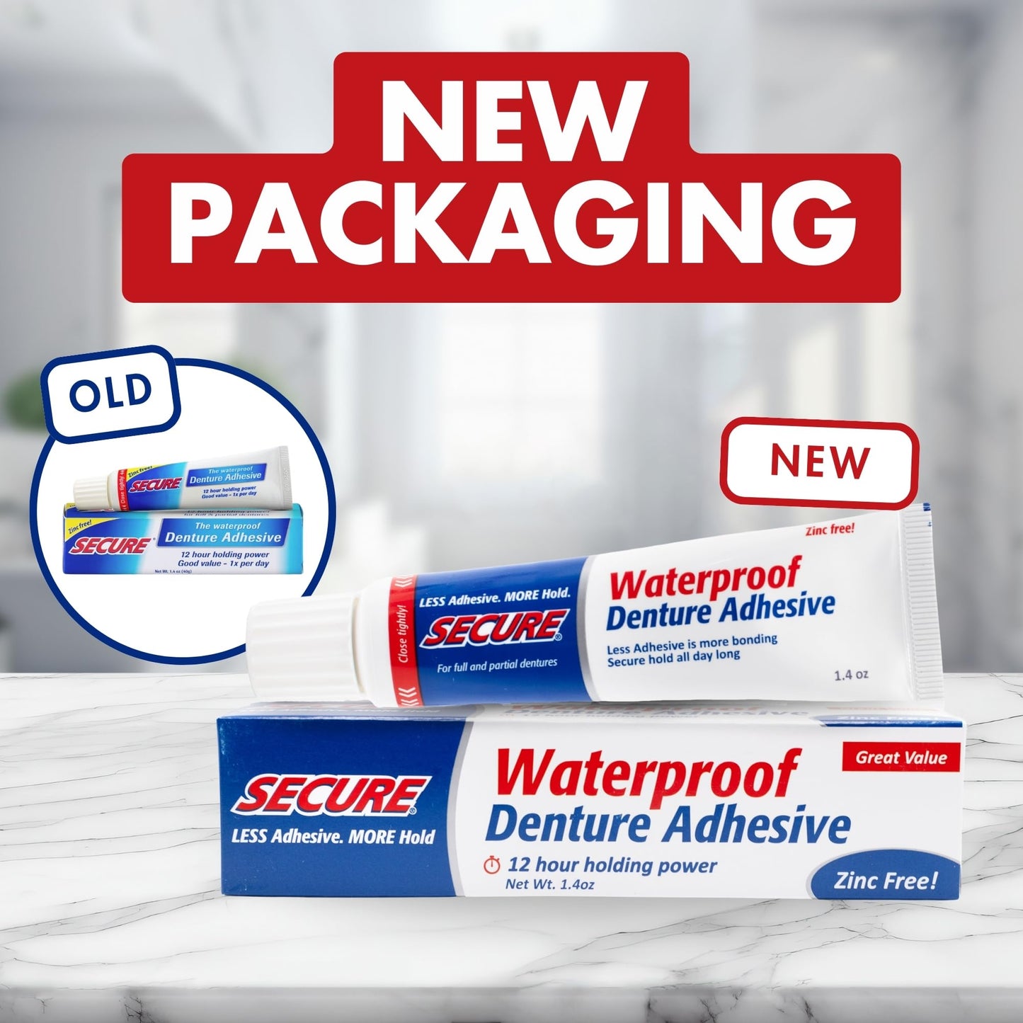 Secure Waterproof Denture Adhesive - Zinc Free - Extra Strong Hold For Upper Lower Or Partials - 14 Oz