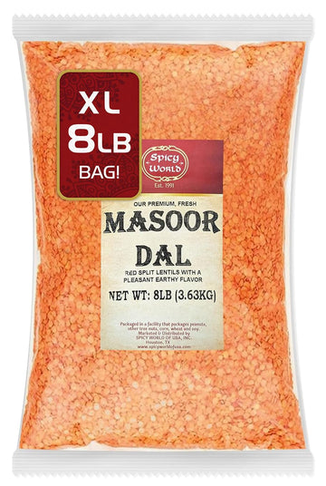 Spicy World Masoor Dal 8 Pound Bag (128Oz) - Red Lentils Split - All Natural