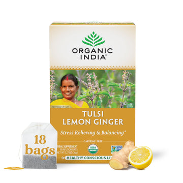 Organic India Tulsi Lemon Ginger Herbal Tea - Holy Basil, Stress Relieving & Reviving, Immune Support, Aids Digestion, Vegan, USDA Certified Organic, Non-GMO, Caffeine-Free - 18 Infusion Bags, 1 Pack