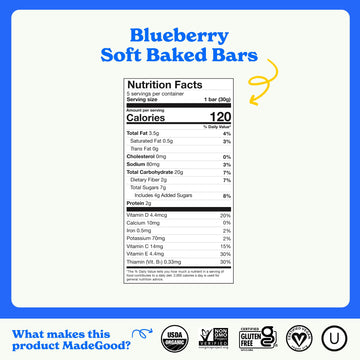 MadeGood Morning Blueberry Bars, 5ct/4.25oz, Organic Snacks