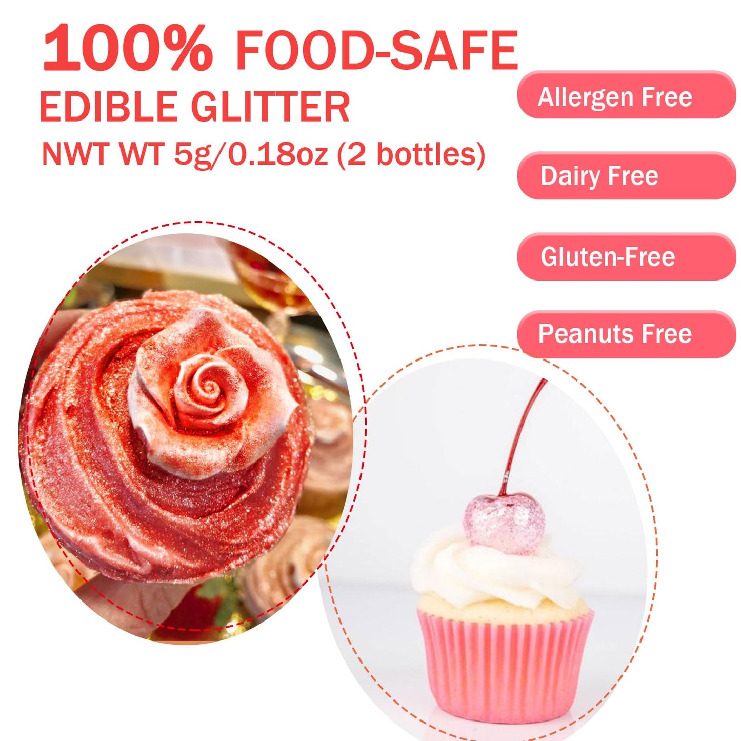 Colaele Red Pink Edible Glitter Powder for Cakes & Drinks - 5g Food Grade Luster Dust