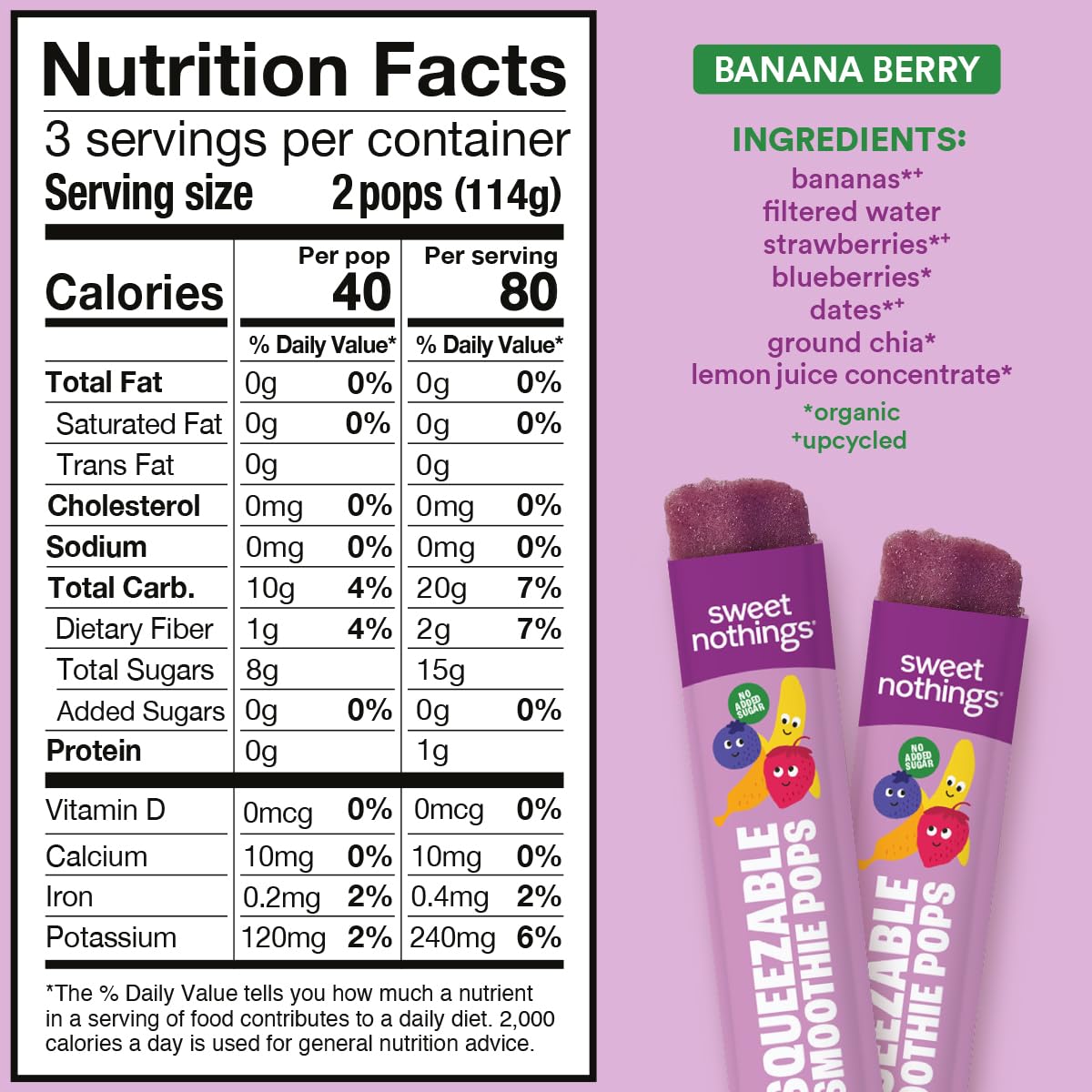 Sweet Nothings Banana Berry Organic Squeezable Smoothie Pops, 24 Pack, 2 Ounce, Dye-Free, No Added Sugar, Dairy-Free, Vegan