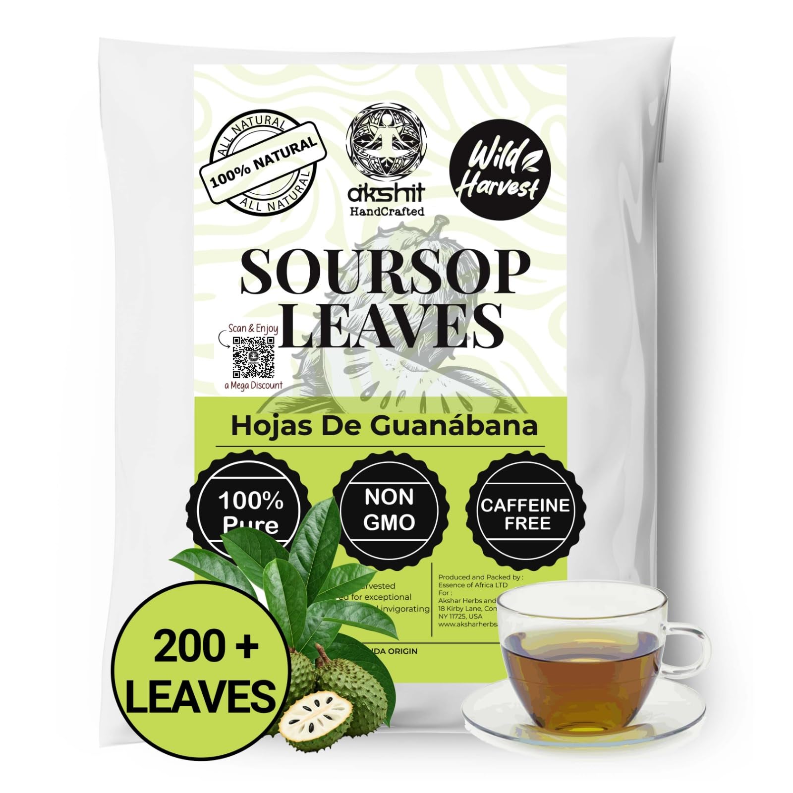 Akshit Dried Soursop Leaves, Whole Graviola Leaves, Non-GMO, Caffeine-Free Tea, 2.6 Ounce