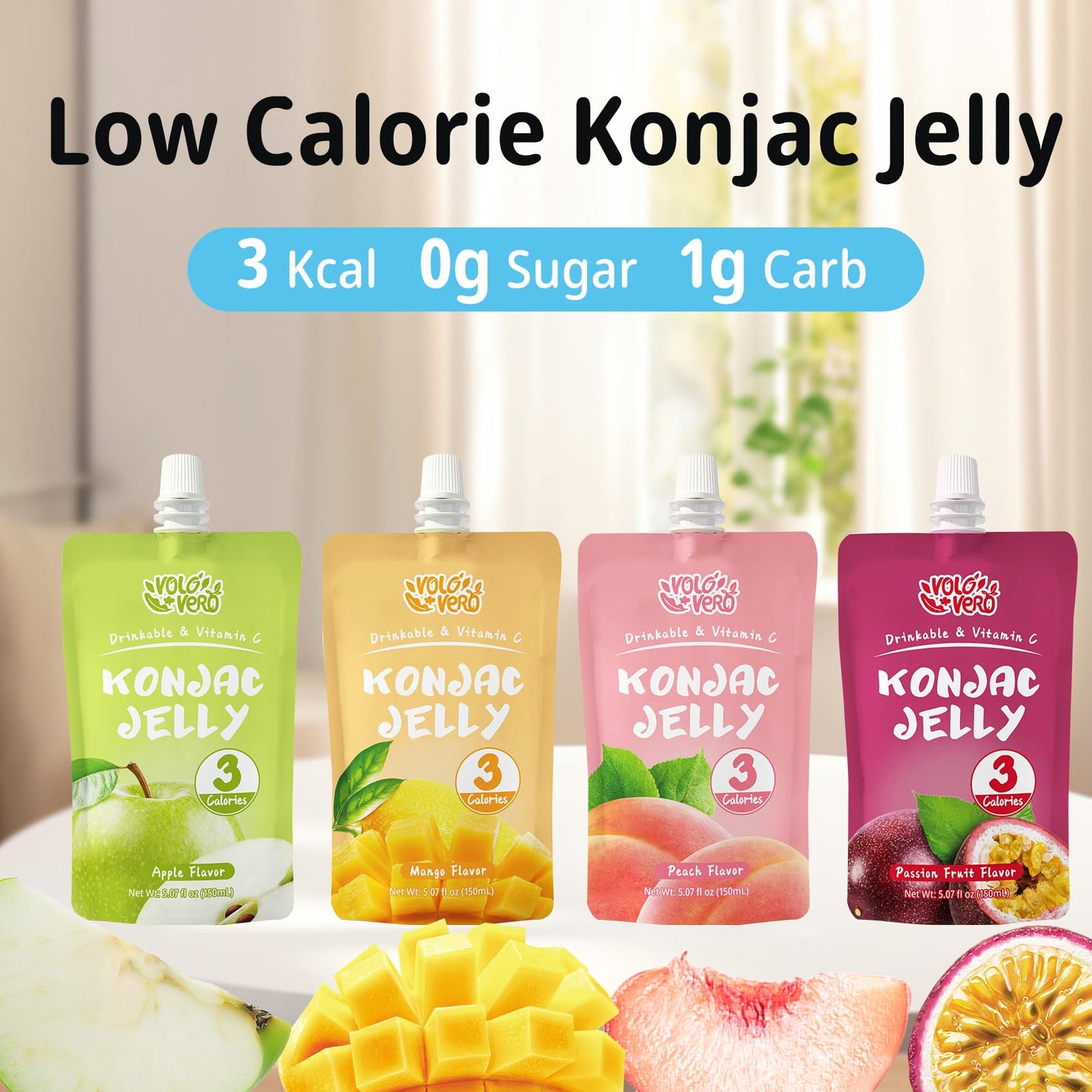 Volo Vero Drinkable Konjac Jelly Variety Pack, 3 Calories, 10 Pack, 0 Sugar, Vegan, Gluten Free, Keto, Vitamin C Fruit Snacks Holiday Gifts - Flavors Include Mango, Peach, Passion Fruit, And Apple Pouches