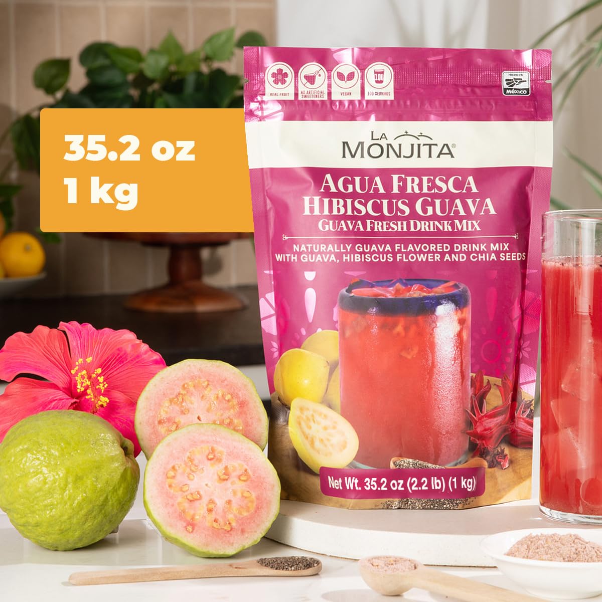 La Monjita Agua Fresca Hibiscus Guava - Mexican Agua de Jamaica Naturally Flavored Drink Mix with Hibiscus, Guava, and Chia Seed