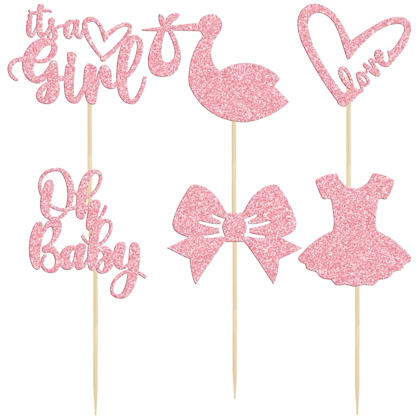 Gyufise 36 Pack Oh Baby Cupcake Toppers It'S A Girl Cupcake Toppers With Bow Dress Love Heart Pink Glitter Cake Picks Decoration