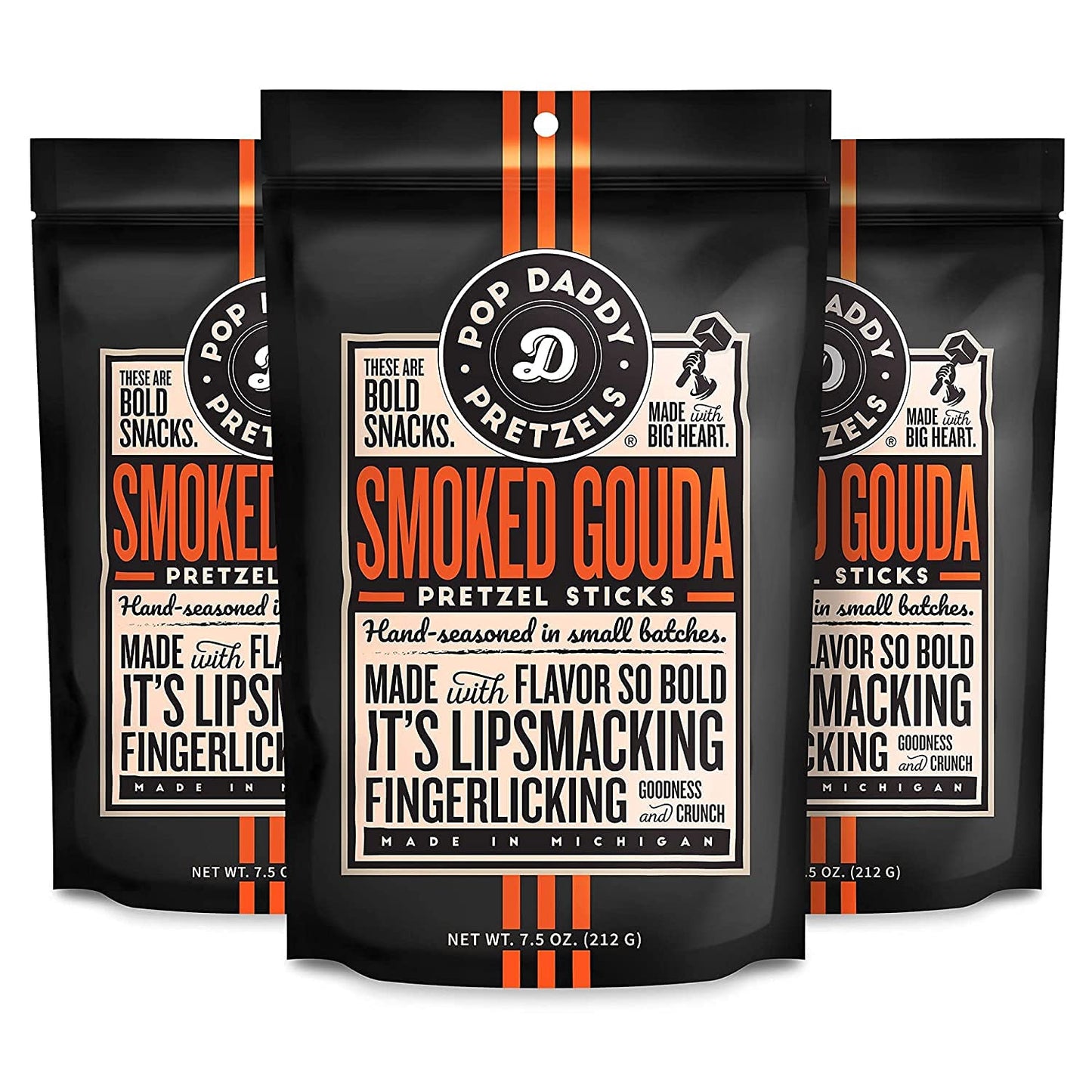 POP DADDY Flavored Pretzel Sticks, Smoked Gouda, 7.5oz Individual Bags, 3 Pack