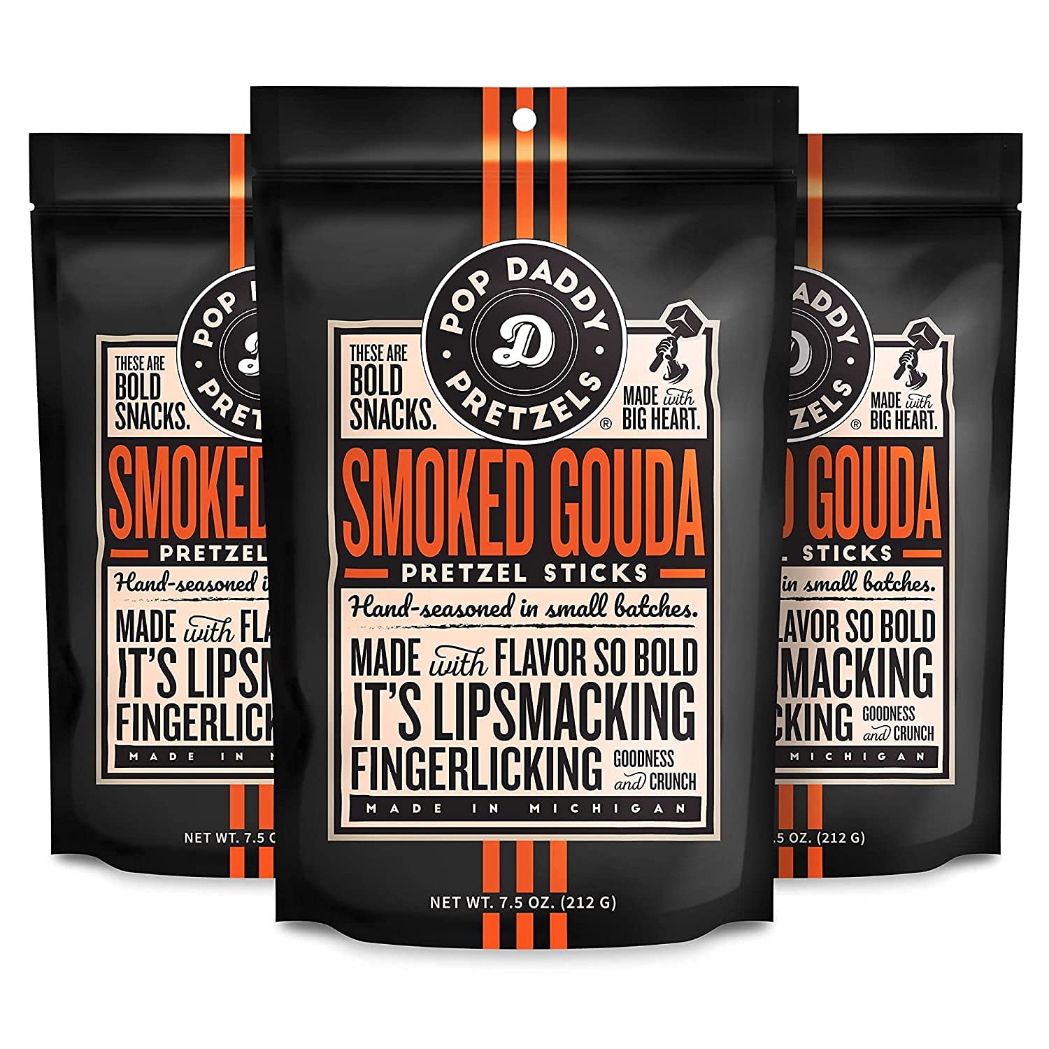 POP DADDY Flavored Pretzel Sticks, Smoked Gouda, 7.5oz Individual Bags, 3 Pack
