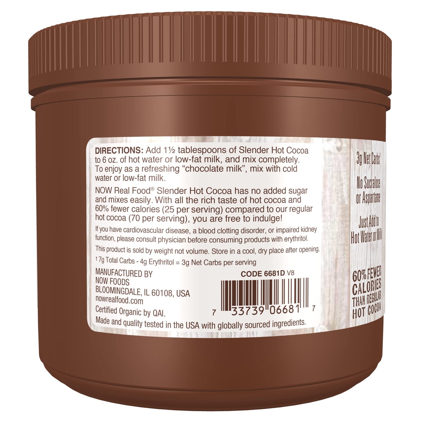 Now Foods, Organic Cocoa Lovers Slender Hot Cocoa, No Sugar Added, Certified Non-Gmo, Kosher, 10-Ounce