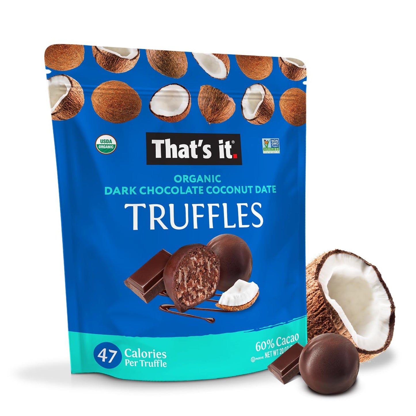 That's it. Organic Belgian Dark Chocolate & Coconut DateTruffles. 100% Plant-Based, Vegan, Gluten-Free, 47 Calories per Truffle,