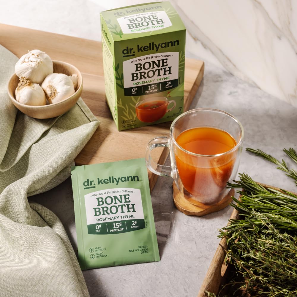 Dr. Kellyann Rosemary Thyme Bone Broth Packets (7 Servings) - 16g Protein  Grass-Fed Collagen  Keto & Paleo-Friendly  1 Box
