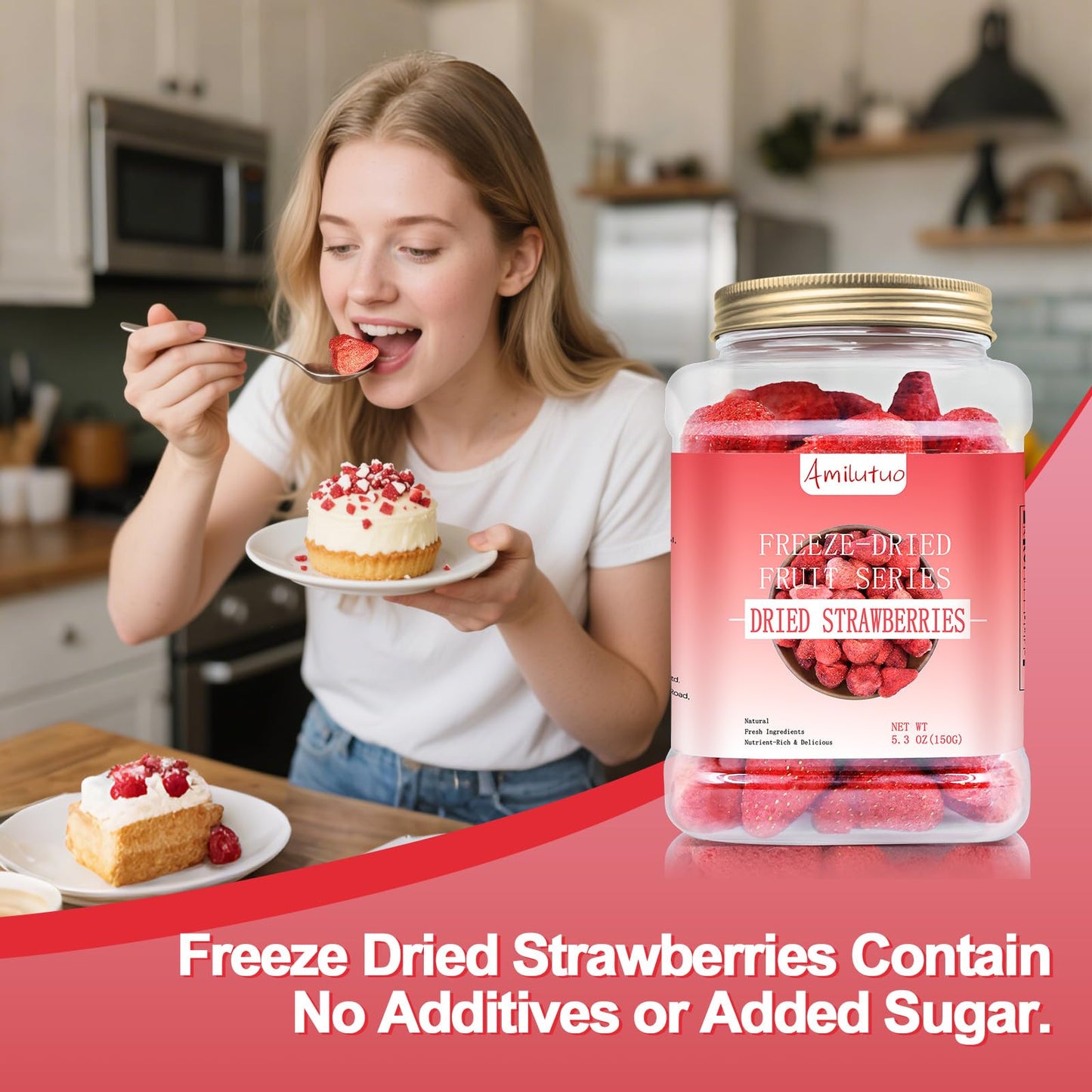Freeze Dried Strawberries, 3.52Oz/100G Whole Freeze Dried Fruit, Whole Dehydrated Strawberry For Milk, Milkshakes, Breakfast, Ce