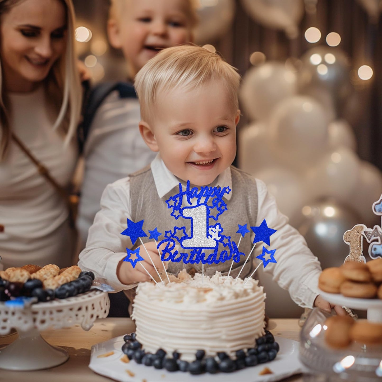 OffiCreative Happy 1st Birthday Cake Topper, Blue Silver Glitter Cardstock Decoration for 1 Year Old Baby Birthday Party