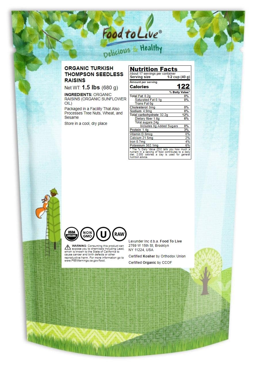 Food To Live Imported Organic Raisins, 1.5 Pounds - Sun Dried Thompson Seedless Select Grapes, Non-Gmo, Raw, No Sugar Added, Pes