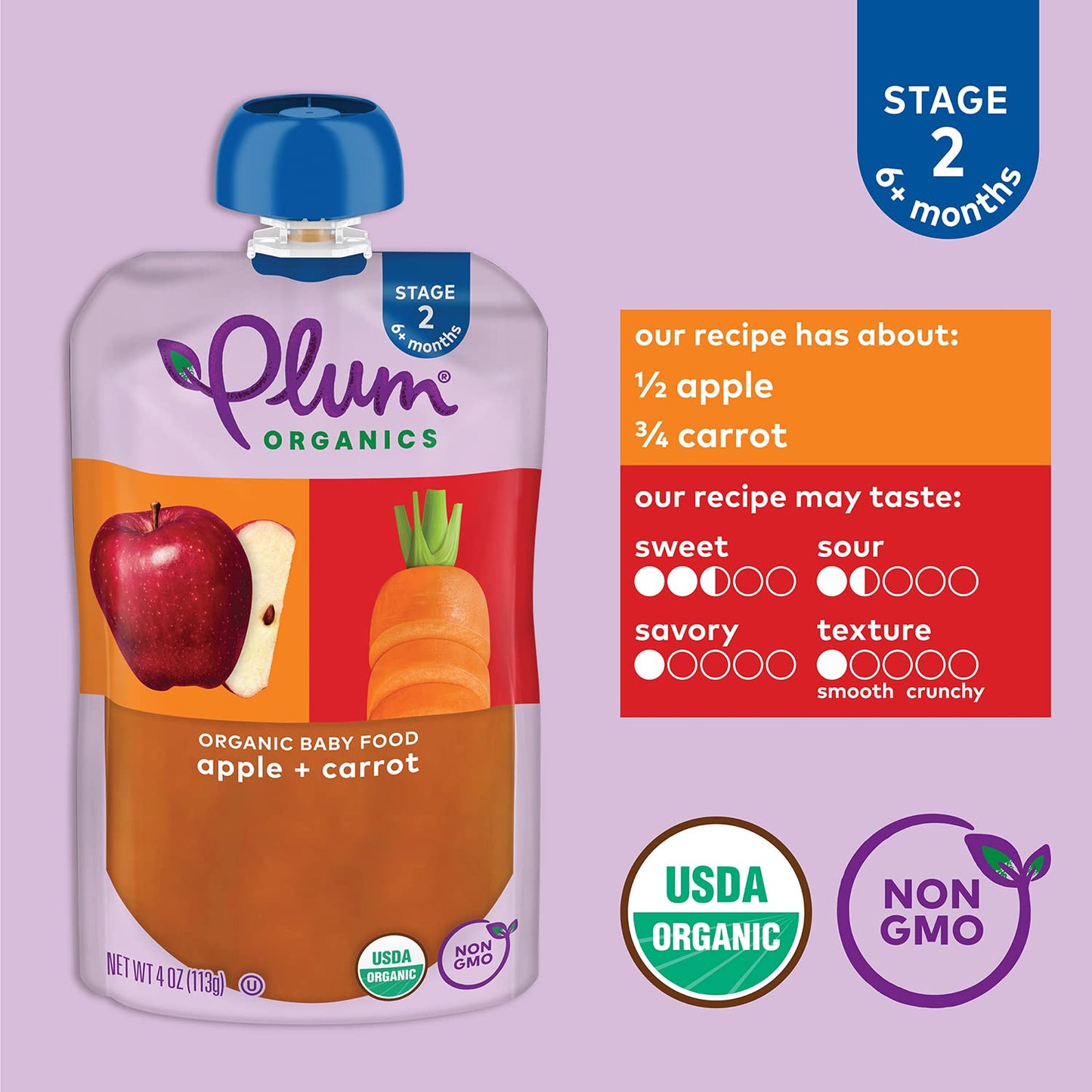 Plum Organics Stage 2 Organic Baby Food - Apple And Carrot - 4 Oz Pouch (Pack Of 12) - Organic Fruit And Vegetable Baby Food Pou