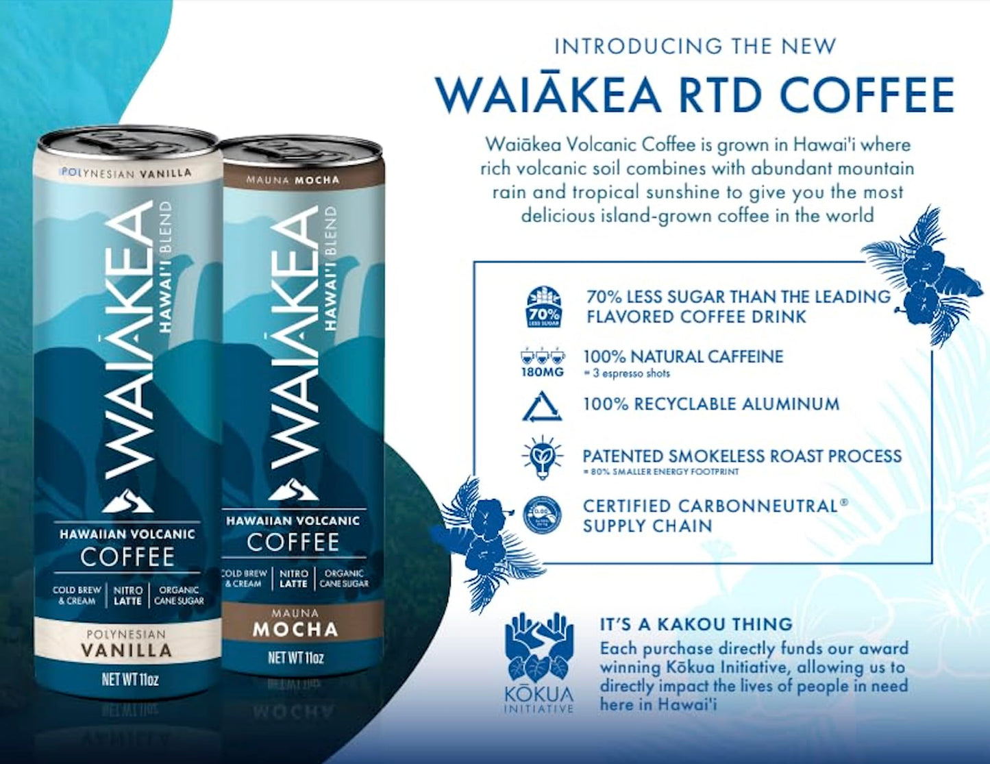 Waiakea Hawaiian Volcanic Coffee - Vanilla & Mocha Combo Pack - Ready to Drink Canned Coffee