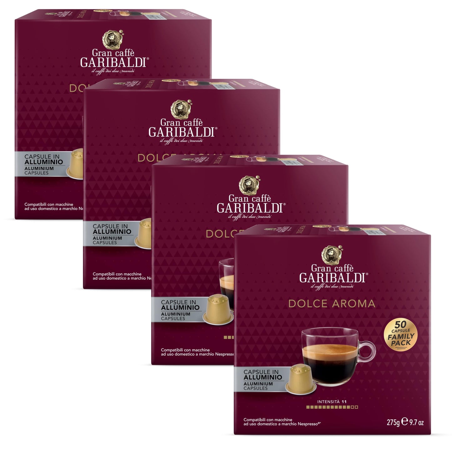 Caffè Garibaldi Espresso Pods, Italian Roasted Coffee, Compatible with Nespresso, 200 Aluminum Cups, Full-Bodied Crema