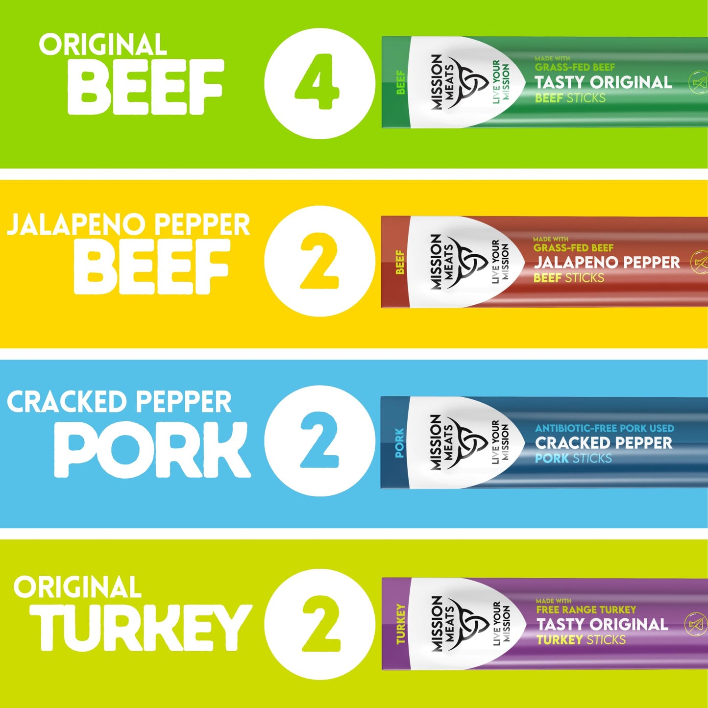 Mission Meats Meat Sticks Variety Pack - Beef, Pork, Turkey - Nitrate Free, Gluten Free, Paleo - 10 Count