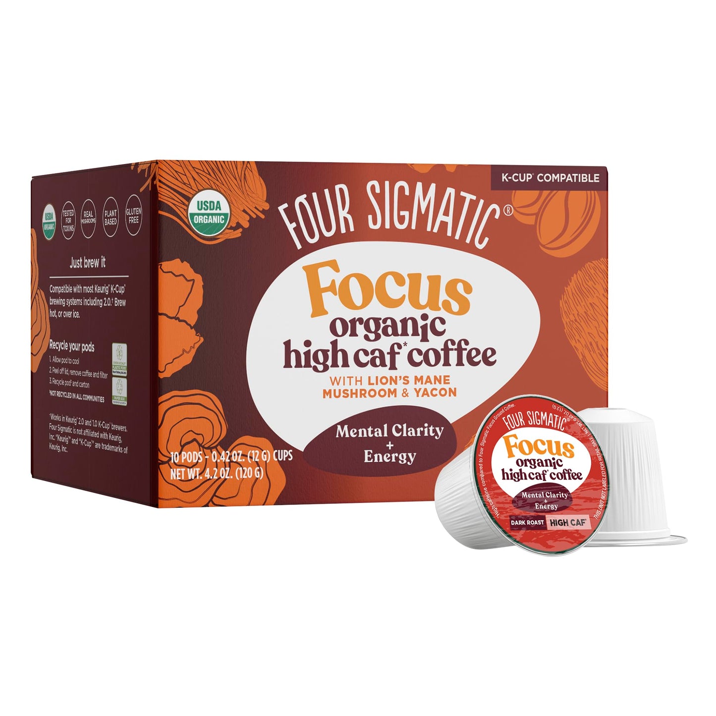Four Sigmatic High Caffeine Mushroom Coffee K-Cups, Organic Dark Roast, 10 Count, Vegan, Keto, Sustainable Pods