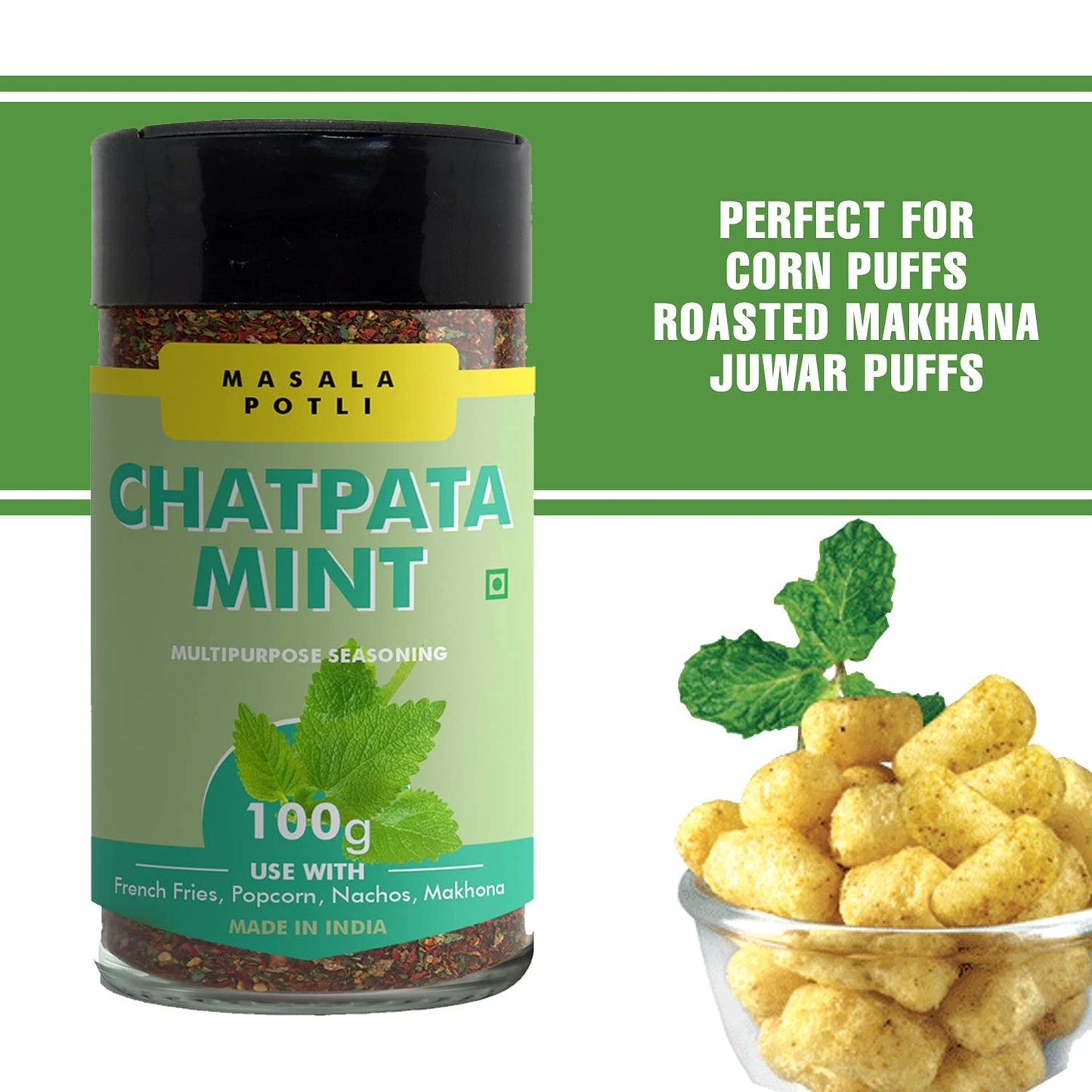 Masala Potli Multi Purpose Popcorn, French Fries, Nachos, Makhana (Gorgon Nuts) 6 Flavour Seasoning Pack [Green Chilly & Lemon,