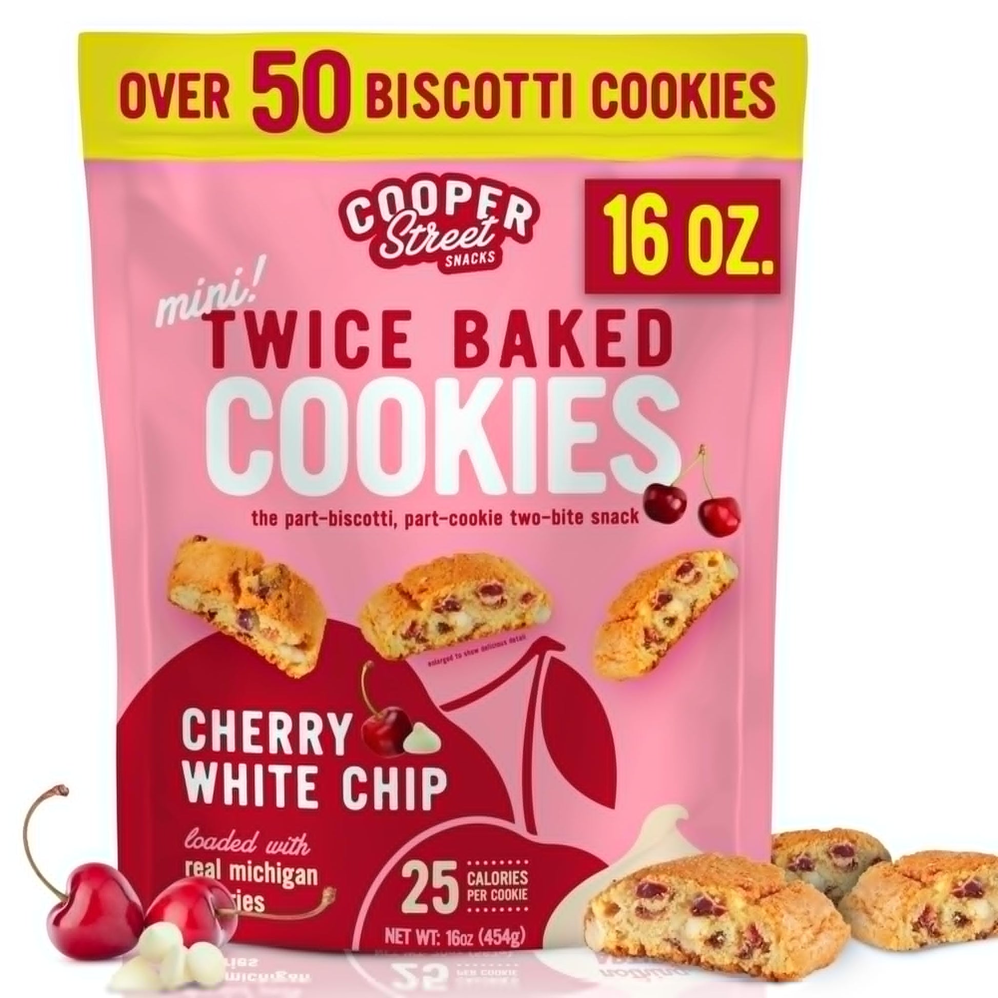 Cooper Street Twice-Baked Cherry White Chip Biscotti Cookies (16 Oz) - Over 50 Biscotti Cookies Per Bag Loaded With Real Fruit  Traditional Italian Style Snacks - Dairy  Peanut & Soy Free  Kosher