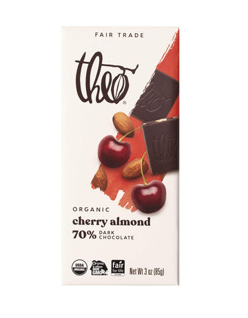 Theo Chocolate Cherry Almond Organic Dark Chocolate Bar, 70% Cacao, 6 Pack | Vegan, Fair Trade