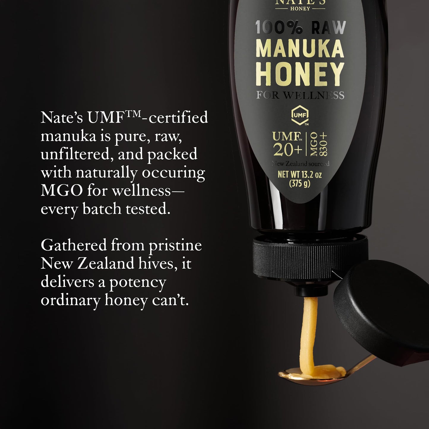 Nates Pure Manuka Honey  Gold Edition | Sourced & Packed in New Zealand | MGO 830+ UMF Certified 20+ | 13.2 oz Squeeze Bottle