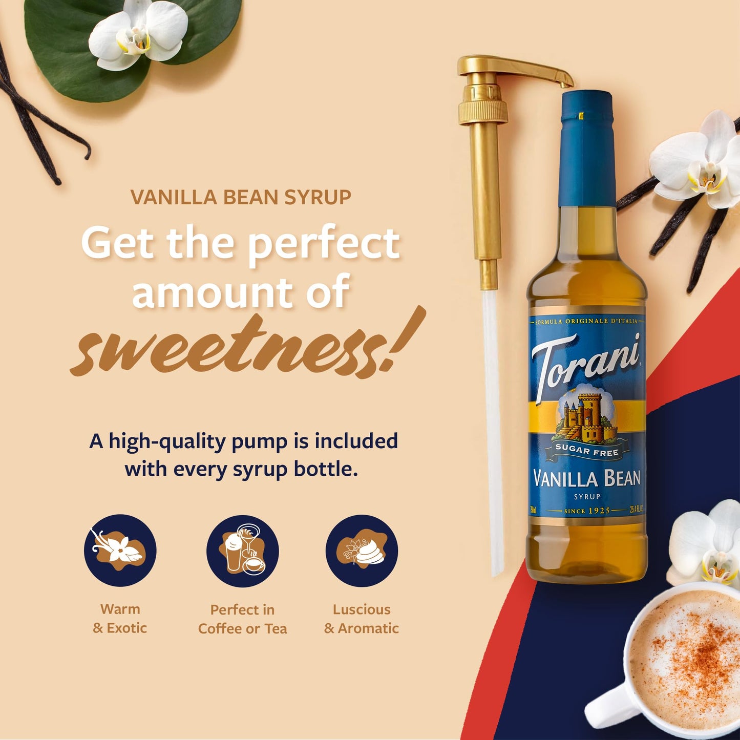 Torani Sugar Free Coffee Syrup, Vanilla Bean Flavoring For Drinks, Zero Calorie, Pump Included, 25.4 Fl Oz