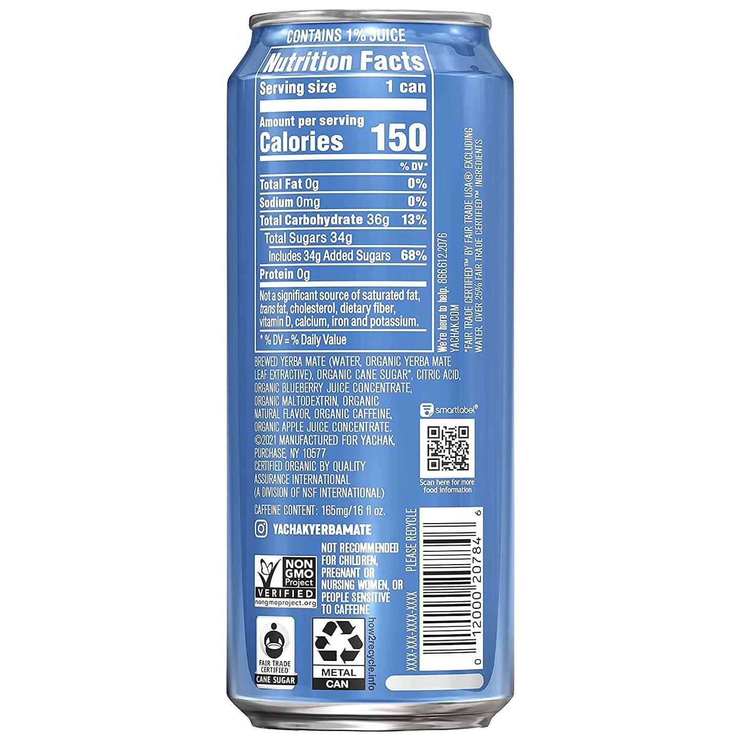 Yachak Yerba Mate, Berry Blue Flavor, 16 Fl Oz, Pack of 12