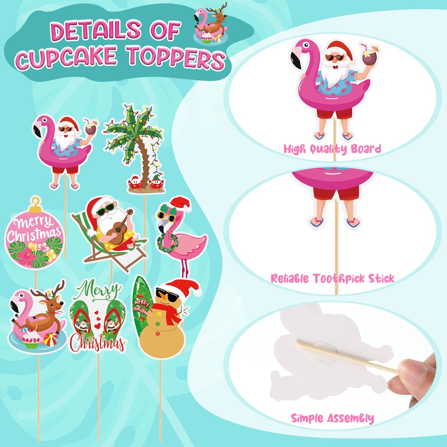 Tatuo 48 Pcs Cupcake Toppers, Santa Claus & Flamingo, 7.2 x 1.18, Multicolored, Cardboard, for Summer & Christmas Parties
