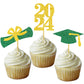Graduation Cupcake Toppers Grad Party Decoration Food Picks Congrats Glitter Diploma Cap School Colors Supplies 24 Pcs Green Gol