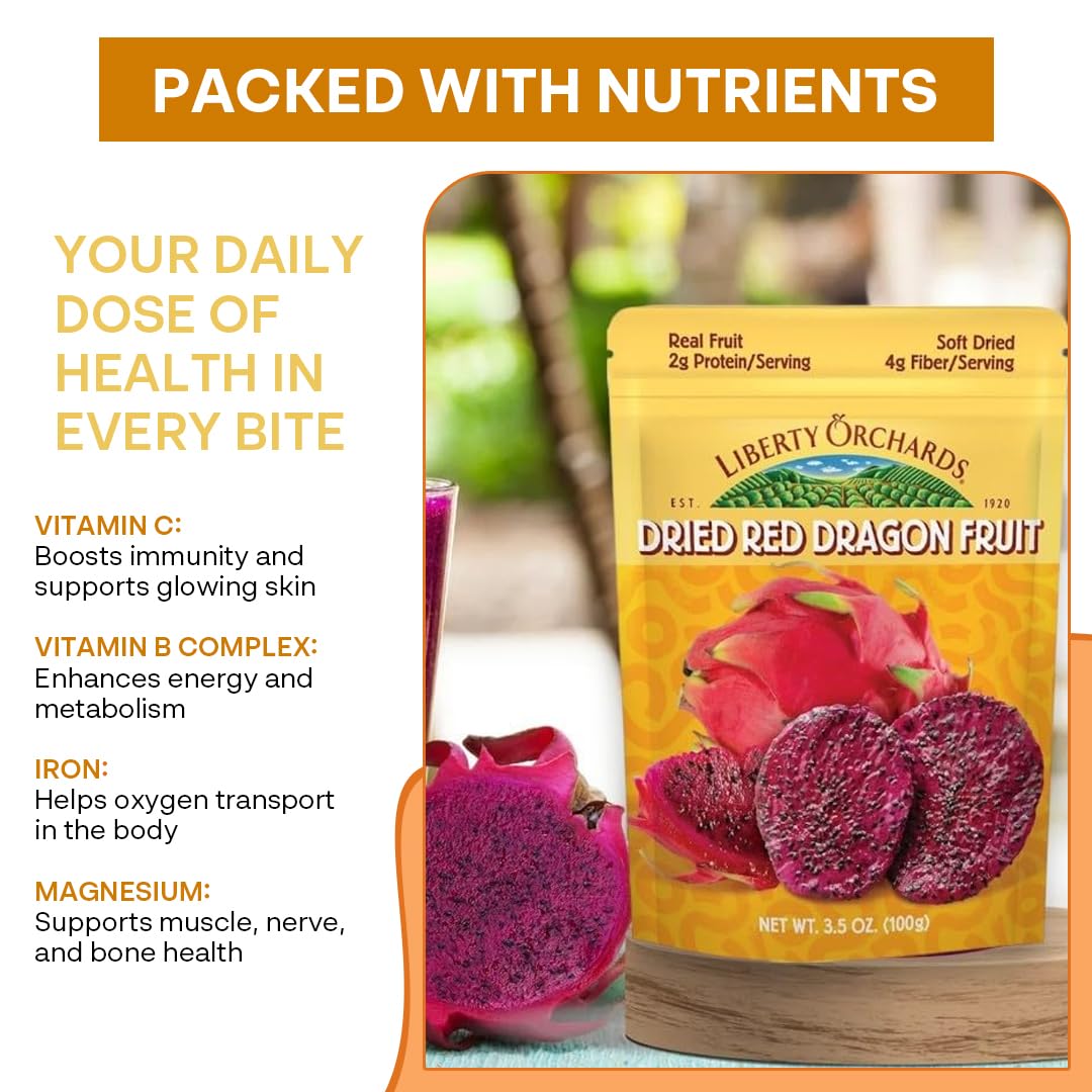 Liberty Orchard Organic Dried Red Dragon Fruit With Fiber- Ideal For Recipes Or A Nutritious Fruit For Busy Lifestyle- Nutrient-