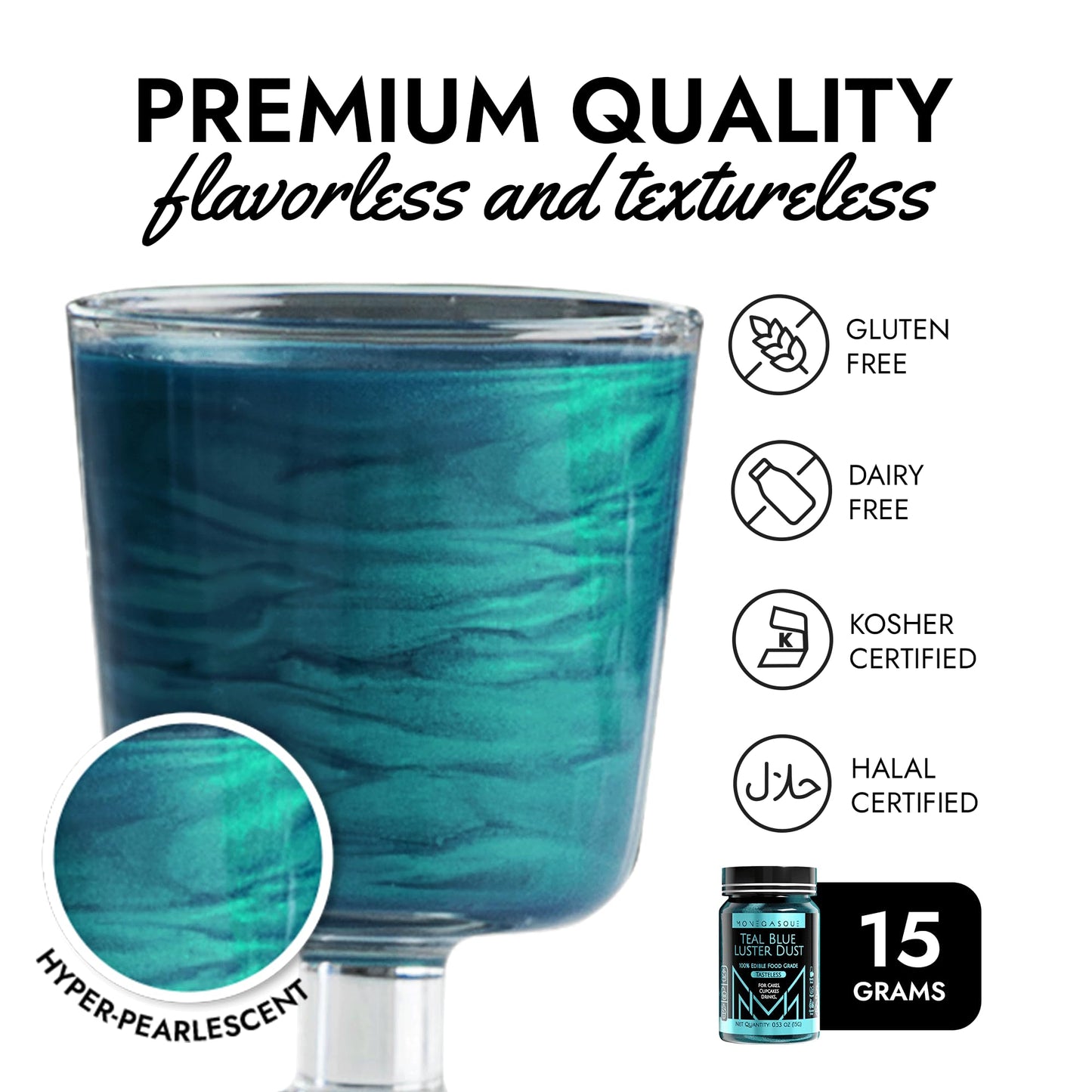 Mon  Gasque Teal Blue Luster Dust Edible Glitter For Cocktails 15G - Teal Blue Edible Glitter - Edible Blue Glitter - Edible Gli