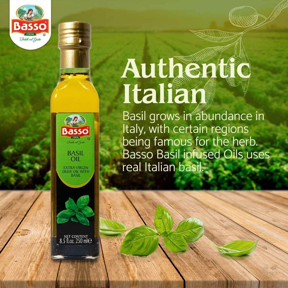 BASSO 1904 Basil Infused Extra Virgin Olive Oil, 8.5 Fl Oz (250 ml), Ideal for Cooking, Dipping, and Dressing