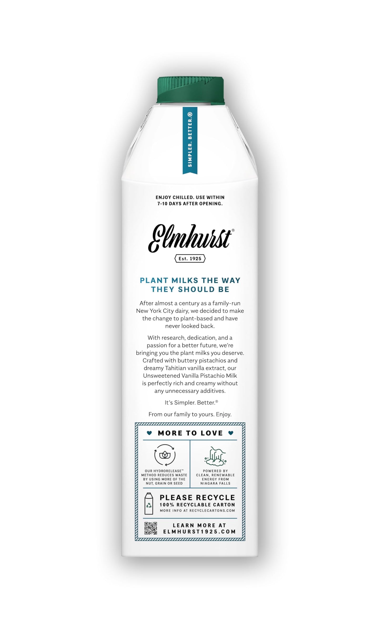 Elmhurst 1925 Vanilla Pistachio Milk Unsweetened - 32 Ounce (Pack of 6) Dairy-Free  Vegan  Kosher  Shelf Stable Milk Made w/Vanilla  Water & Pistachio for Healthier  Simpler Plant-Based Alternatives
