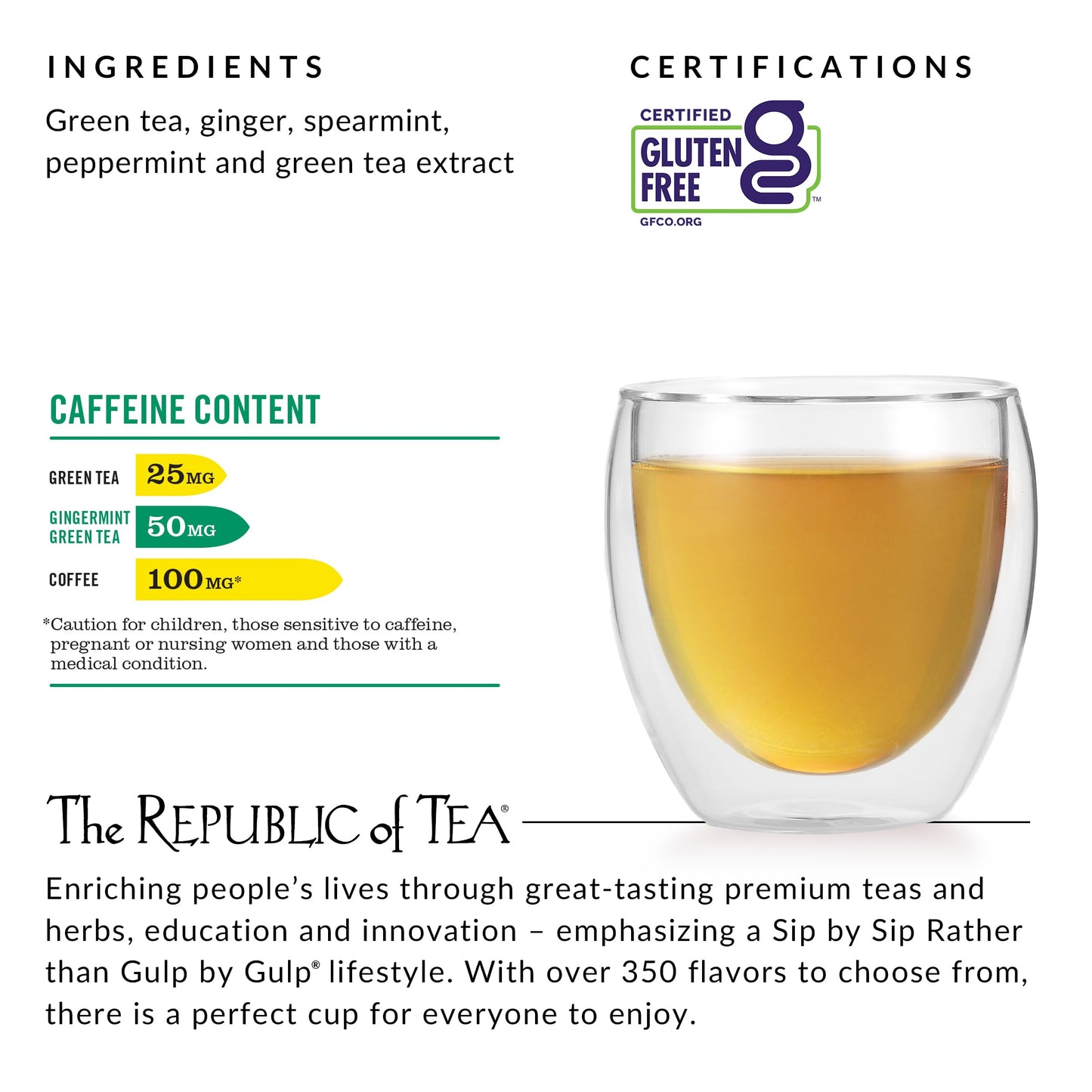 The Republic of Tea Hicaf Gingermint Green Tea - 50 Count Pack, Caffeine-Free Herbal Blend