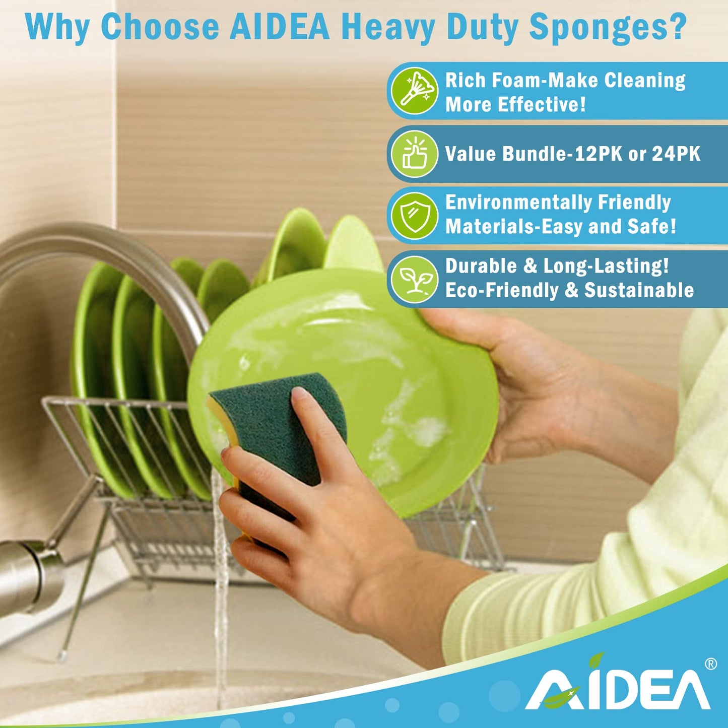 Aidea Heavy Duty Scrub Sponge-12Count, Cleaning Scrub Sponge, Stink Free Sponge, Effortless Cleaning Eco Scrub Pads For Dishes,P