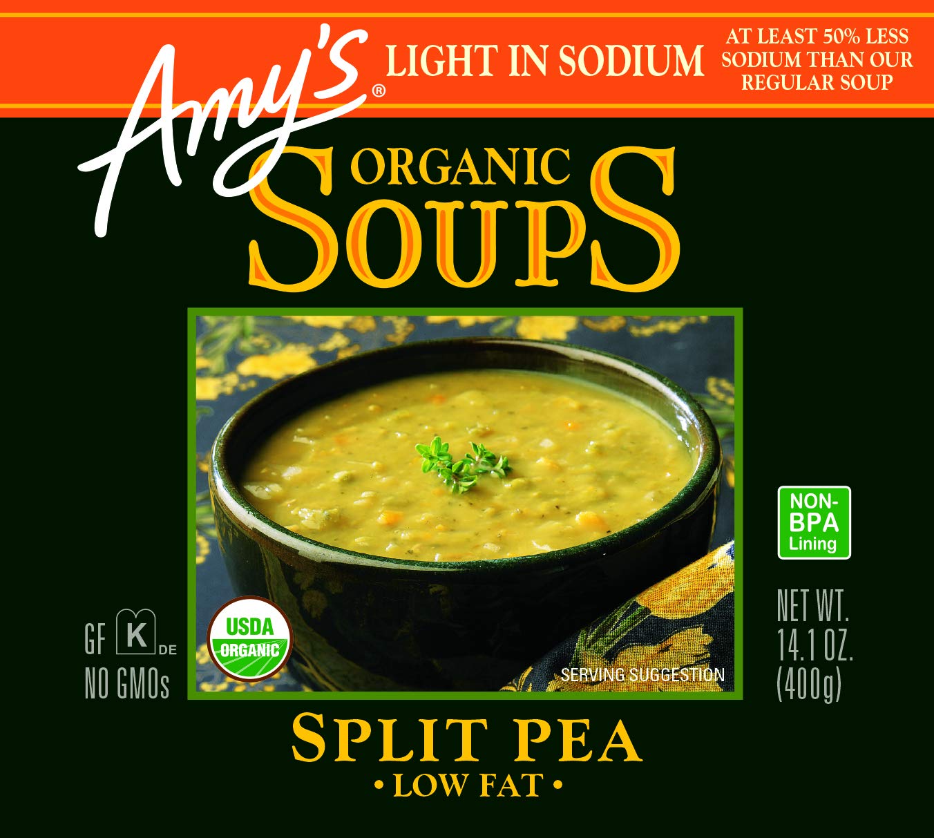 Amy'S Soup, Vegan Split Pea Soup, Light In Sodium, Gluten Free, Made With Organic Vegetables, Canned Soup, 14.1 Oz (12 Pack)