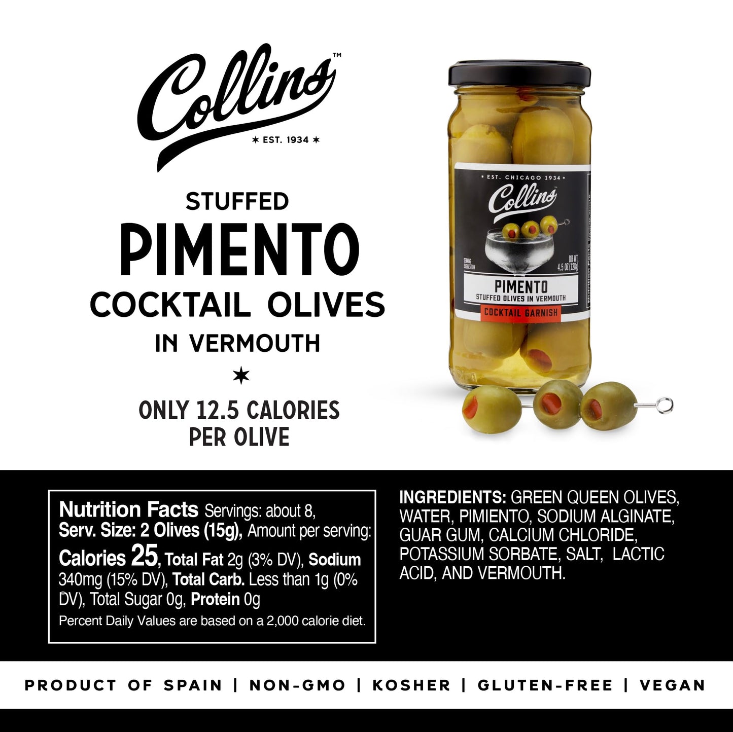 Collins Gourmet Vermouth Pimento Olives | Premium Cocktail Garnish | 4.5oz | Black | Model O268