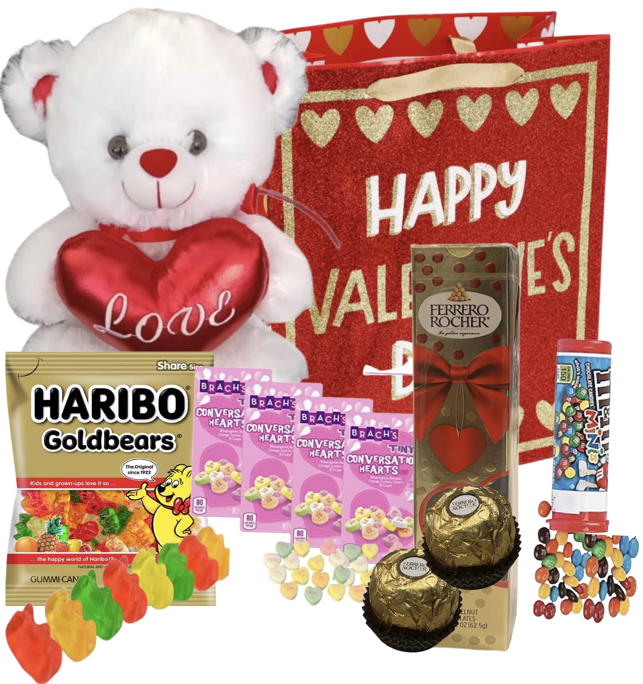 Valentine Day Gift Basket | Teddy Bear Plush (Color Varys), Haribo Goldbears Gummies, Ferrero Rocher Premium Chocolate Bar, Dark