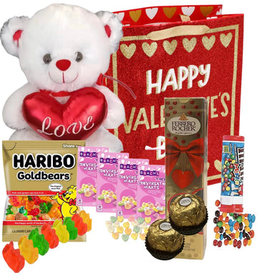 Valentine Day Gift Basket | Teddy Bear Plush (Color Varys), Haribo Goldbears Gummies, Ferrero Rocher Premium Chocolate Bar, Dark