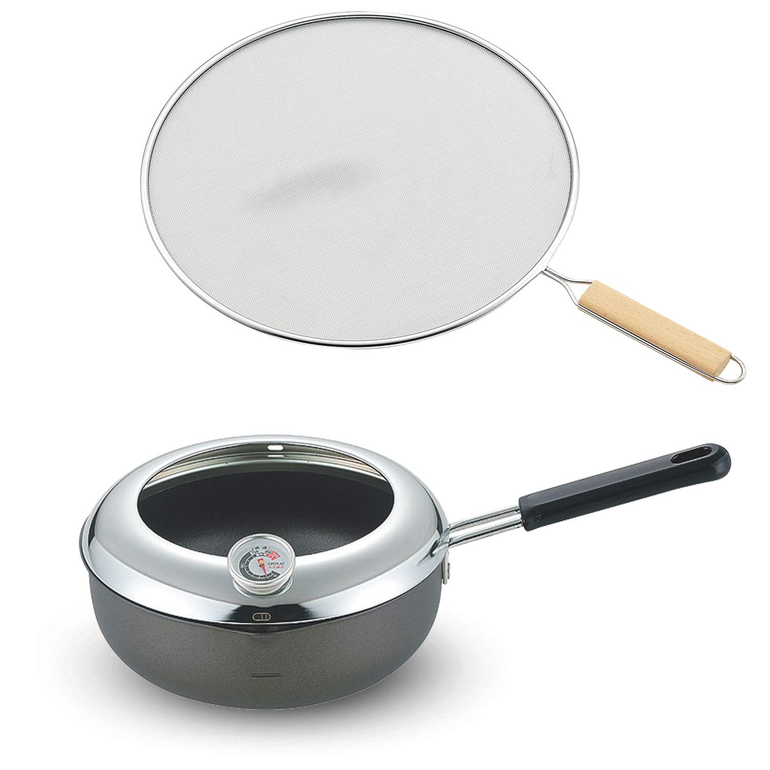TH-076 Tempura Pot, 7.9 inches (20 cm), Induction Compatible, 1 Handed Tempura Pot with Thermometer & Oil Splash Prevention Net 